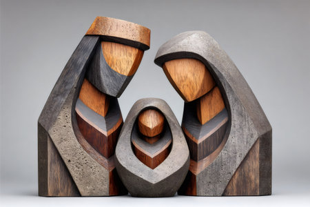 Modern sculpture of the holy family crafted from wood and concrete with clean linesの素材