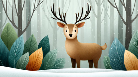 Cartoon deer with antlers in a magical winter wonderland with snow and colorful leavesの素材