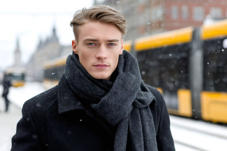 Young man wearing stylish coat and scarf standing in city during snowfallの素材