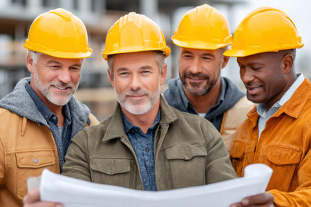 Diverse construction team wearing hard hats and working together on new building projectの素材