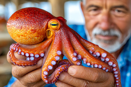 Man holding a red octopus, showcasing a fresh catch from the seaの素材