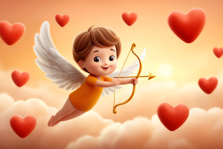 Cute cupid flying among red hearts in a golden sky, holding a golden bow and arrowの素材