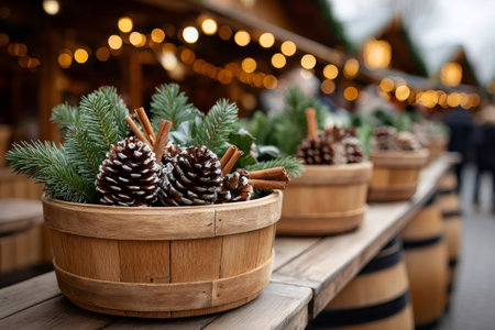 Wooden barrels displaying festive pinecone and spruce arrangements at a Christmas marketの素材