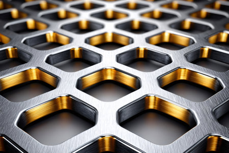 Brushed metal grid creating an abstract geometric pattern with golden illuminated hexagonal holesの素材