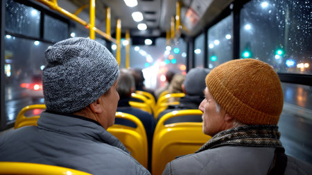 Two men wearing warm hats talking on a crowded public transportation bus during a rainy nightの素材