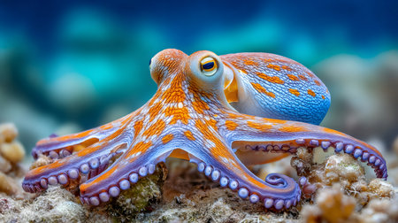 Octopus with vibrant orange and blue patterns camouflaged on the ocean floorの素材