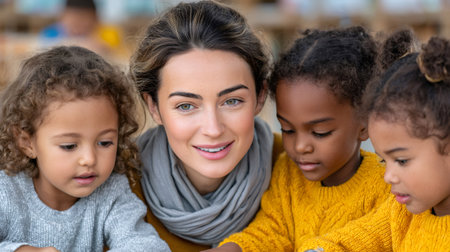 Woman teacher smiling, looking at camera with two multiethnic girls learningの素材