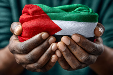 Person's hands carefully holding a folded Palestinian flag, symbolizing solidarity and hopeの素材