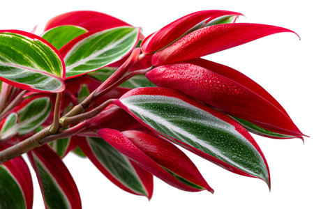 Stromanthe triostar plant displaying red and green variegated leaves with shimmering water dropsの素材