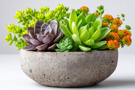 Grouping colorful succulent plants in a modern gray concrete pot, living decorの素材