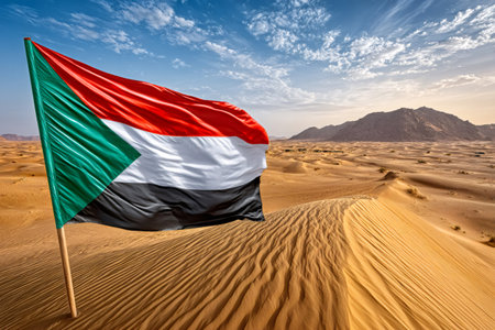 Sudan flag waving against a backdrop of desert sand dunes, mountains, and blue skyの素材