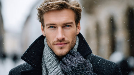 Man in warm winter clothing standing confidently while snow falls around himの素材