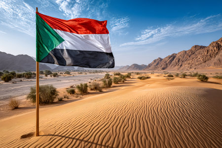 Sudan flag flying over a vast desert with sand dunes and rocky mountains under a blue skyの素材