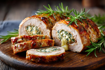 Roasted pork tenderloin stuffed with creamy spinach and melting cheese, garnished with rosemaryの素材