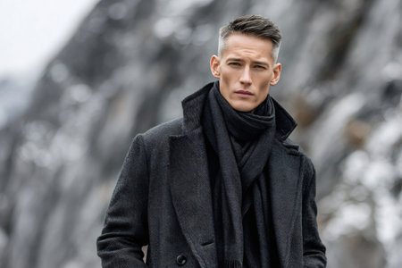 Man posing outdoors wearing a warm, fashionable coat and scarf on a cold dayの素材