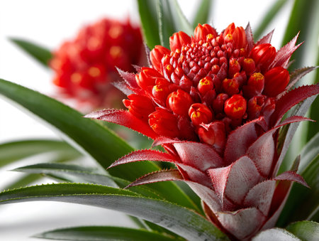 Red pineapple like inflorescence with green leaves blooming on a plantの素材