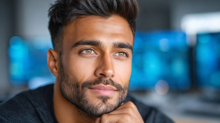 Young man contemplating a new business strategy, wearing a beard and looking upの素材