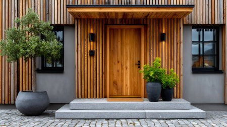House entrance featuring a minimalist wooden door, natural wood siding, and potted plantsの素材
