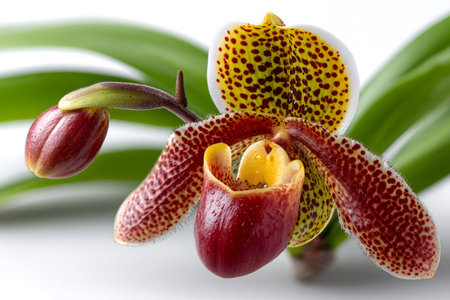 Paphiopedilum orchid showcasing its distinctive pouch like petal and beautiful colorsの素材