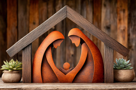 Holy family figures forming a nativity scene under a rustic wooden roof, representing faith and Christmasの素材