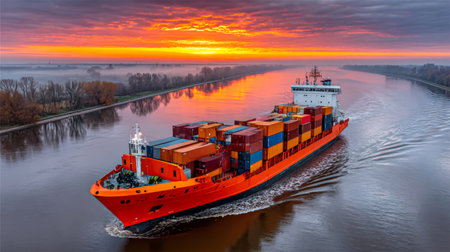 Large container ship loaded with cargo sailing on a river canal during a beautiful sunsetの素材