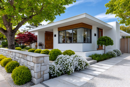 Contemporary white house featuring clean lines, wood accents, and lush garden with a stone wallの素材