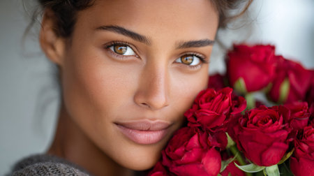 Woman's portrait with beautiful hazel eyes and warm skin tones, holding red rosesの素材