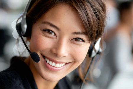 Friendly female operator providing excellent support and assistance in a call centerの素材
