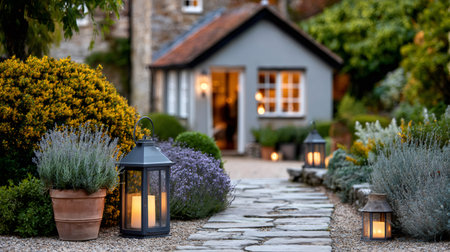 Stone garden path leading to a cozy cottage with glowing lanterns and blooming lavenderの素材