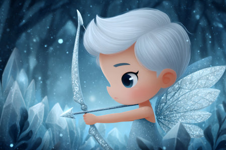 Cute winter fairy archer standing in a magical snow and ice wonderlandの素材