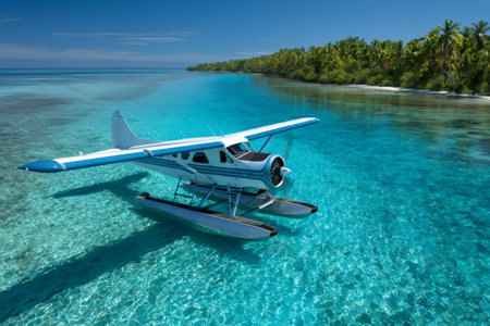 Seaplane floating on calm, clear turquoise water near a lush tropical island beachの素材