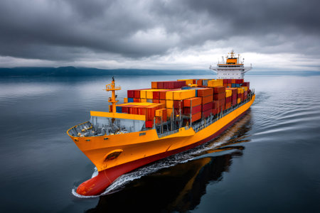 Container ship sailing, symbolizing global trade, freight, and supply chain logisticsの素材