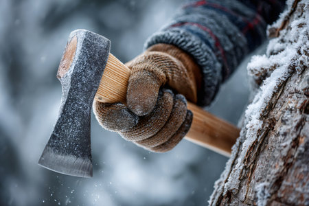 Gloved hand gripping a frosty ax blade, preparing to chop a tree trunk during winterの素材