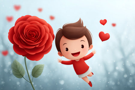 Happy cartoon boy flying with a big red rose and floating hearts around himの素材