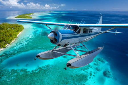 Seaplane flying above a beautiful coral reef and palm fringed tropical islandの素材