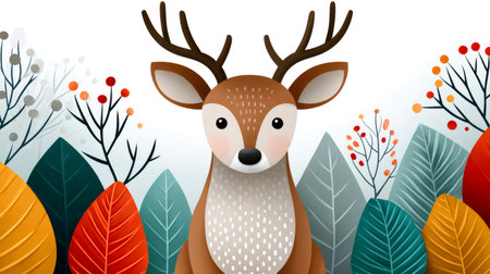 Deer illustration with large antlers sitting in a vibrant autumn forest surrounded by leaves and berriesの素材
