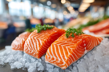 Fresh salmon fillets with dill displayed on crushed ice at a seafood marketの素材