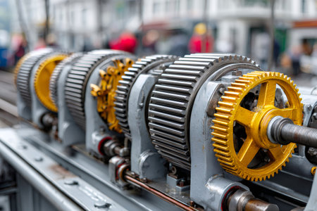 Chain of metal gears and gold cogwheels forming an intricate industrial mechanismの素材