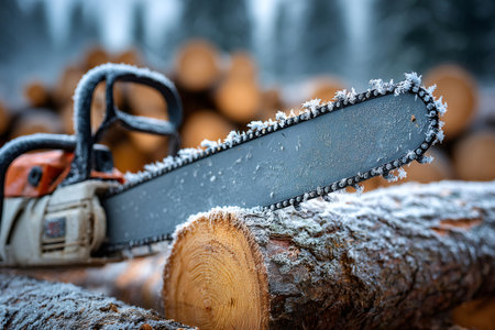Chainsaw covered in frost resting on a cut log with stacked wood in the backgroundの素材