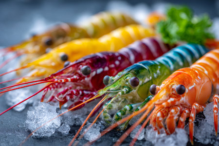 Colorful raw shrimp laying on crushed ice with green garnishの素材