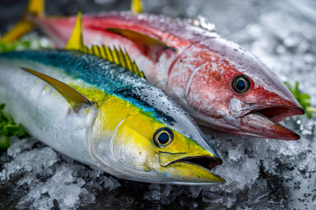 Yellowfin tuna and red snapper resting on crushed ice with water drops at a marketの素材