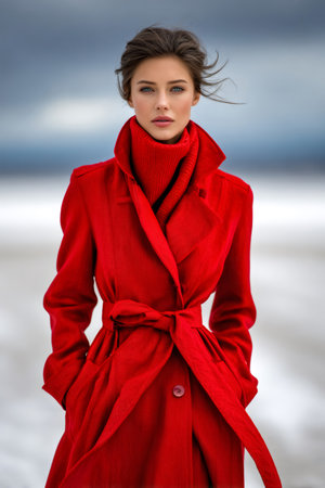 Woman standing outdoors, looking at camera, wearing a vibrant red coat and scarfの素材