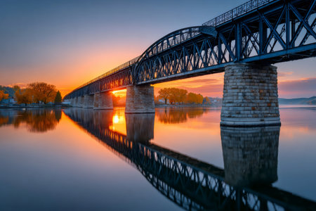 Steel bridge reflecting vibrant orange sunset colors on calm river waterの素材