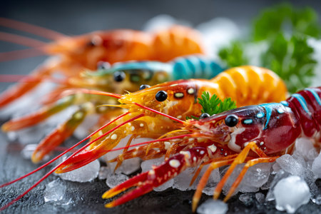 Vibrant raw crayfish chilling on crushed ice with green parsley for a gourmet seafood presentationの素材