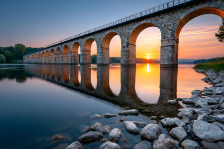 Arched viaduct reflecting in calm river water during a golden sunsetの素材