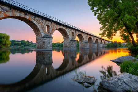 Stone bridge arches mirroring tranquil water under a colorful sky at duskの素材