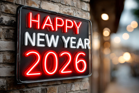 Neon sign displaying happy new year 2026 on a brick wall, bringing in festive celebrationsの素材