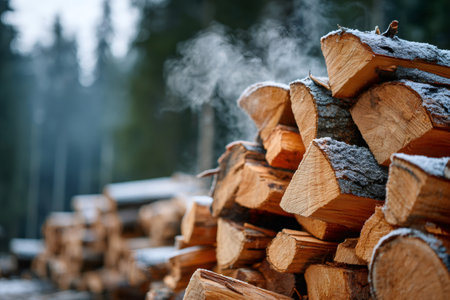 Wood logs covered in frost and steam, piled high in a wintry forest settingの素材