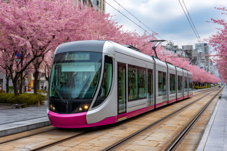 Modern tram moving along tracks lined with pink sakura trees in an urban streetの素材