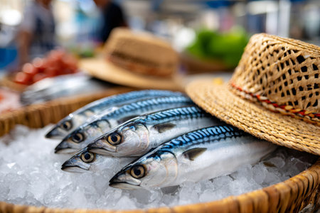 Fresh mackerel fish resting on ice inside a woven basket with a straw hatの素材